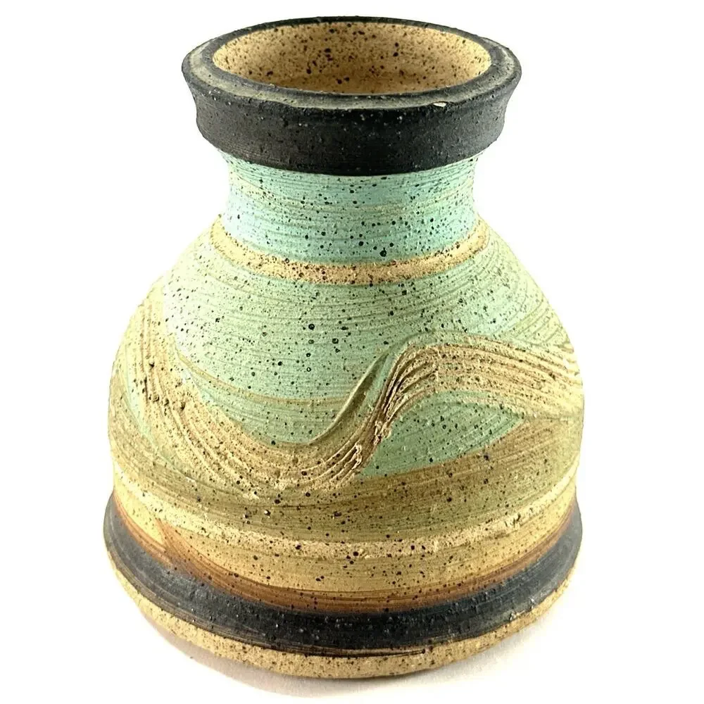 Handmade Studio Pottery Bud Vase Speckled Aqua Stoneware Signed 3.5”